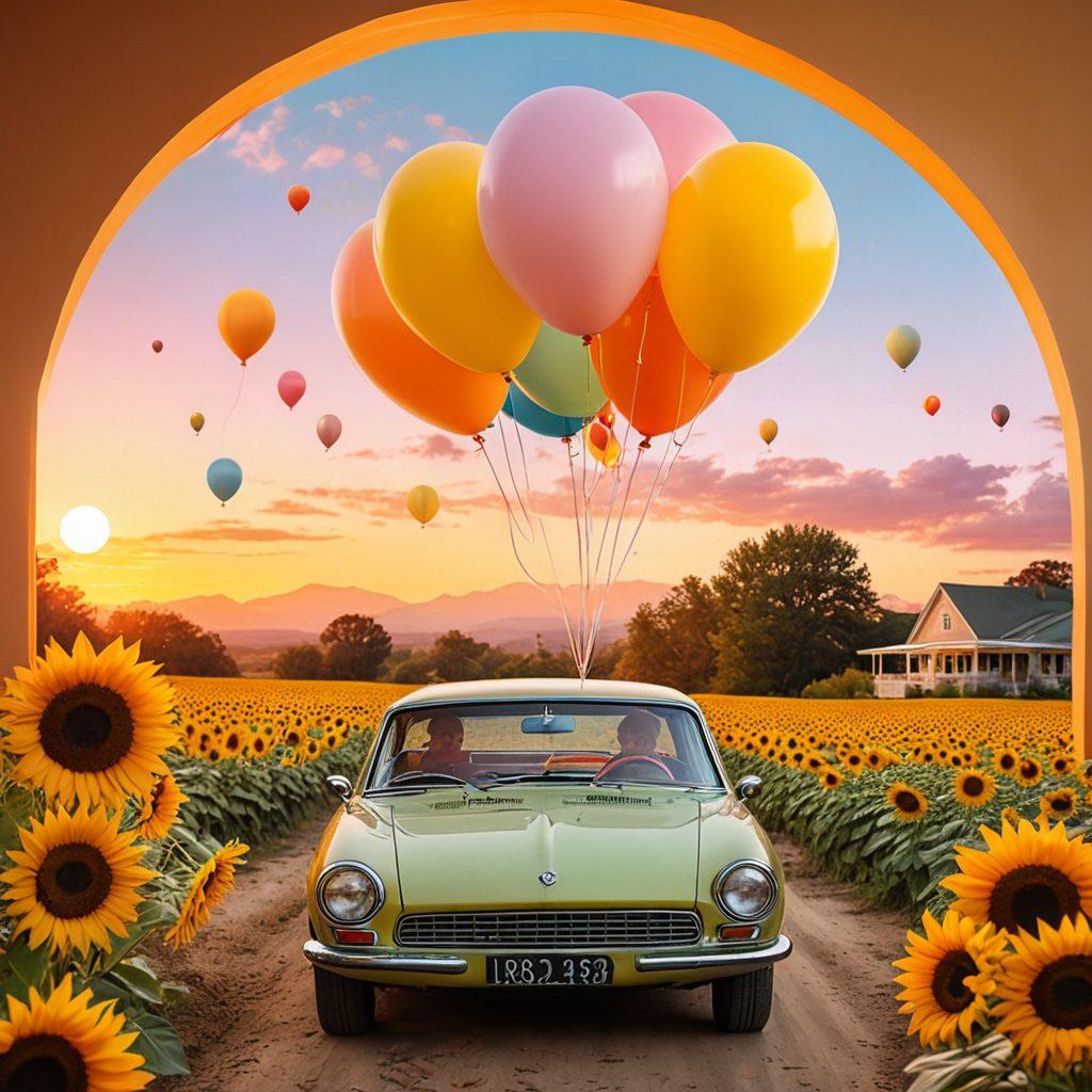 A whimsical collage of nostalgic retro elements like vinyl records, polaroid photos, and vintage toys, surrounded by floating pastel balloons and sunflowers. The background features a warm sunset, with soft, glowing hues that illustrate a journey through fond memories. Characters in the foreground express joy and laughter while reminiscing. surrealistic. vibrant colors. dreamy background.