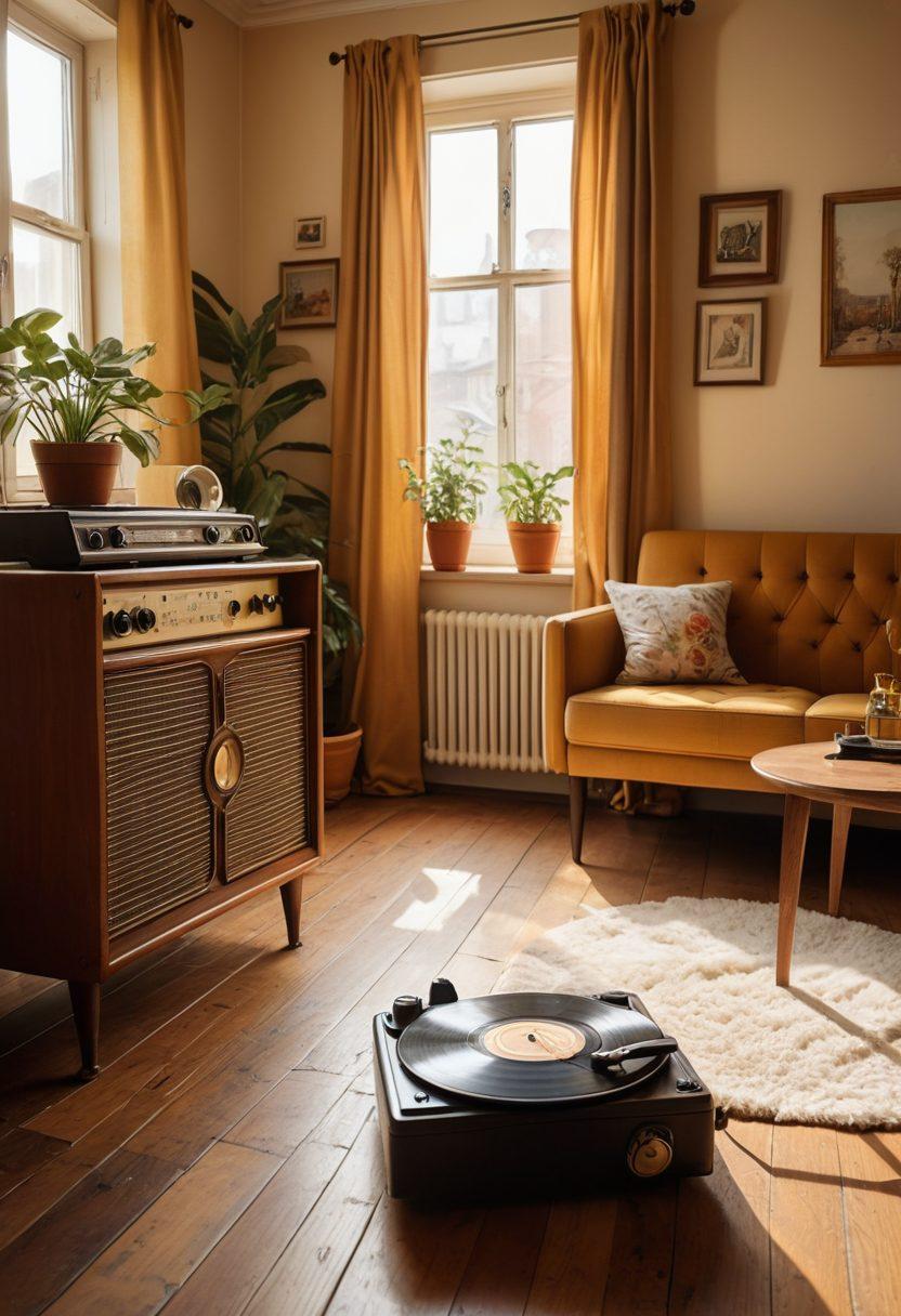 A nostalgic living room adorned with vintage posters, classic vinyl records scattered on the floor, and a cozy, faded sofa that invites you to sit down. Soft golden sunlight streams through a window, illuminating an old rotary phone and a record player in the corner, evoking a sense of timeless bliss. Emphasize warm colors and a dreamy atmosphere that encapsulates fond memories. retro style. soft focus. warm tones.