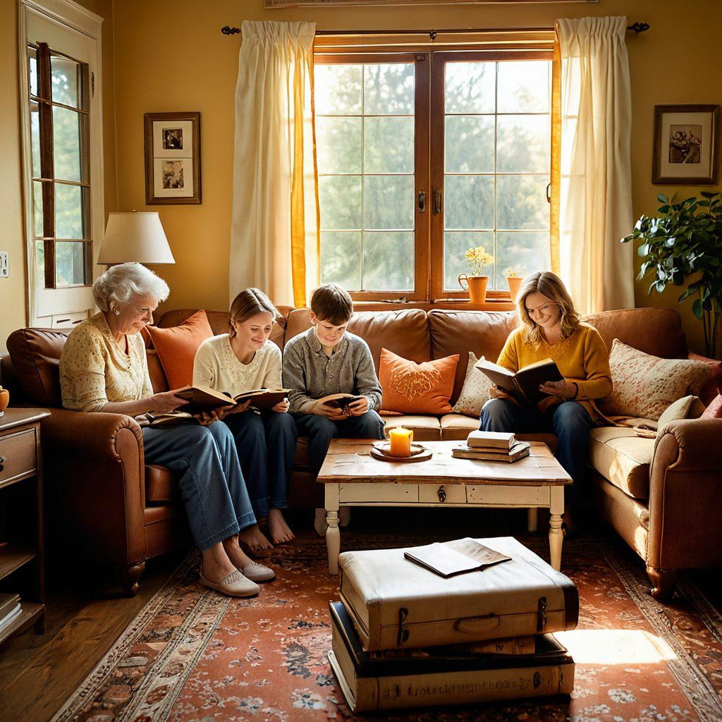 A nostalgic family gathering scene with people laughing and sharing stories, surrounded by old photo albums, vintage decorations, and warm sunlight streaming through a window. Incorporate elements like a cozy living room with soft cushions and a warm color palette to evoke feelings of joy and comfort. super-realistic. warm colors. soft focus.